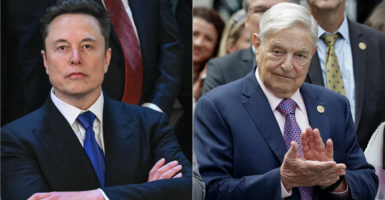 Elon Musk in a suit with a blue tie and George Soros in a blue suit with a blue tie.