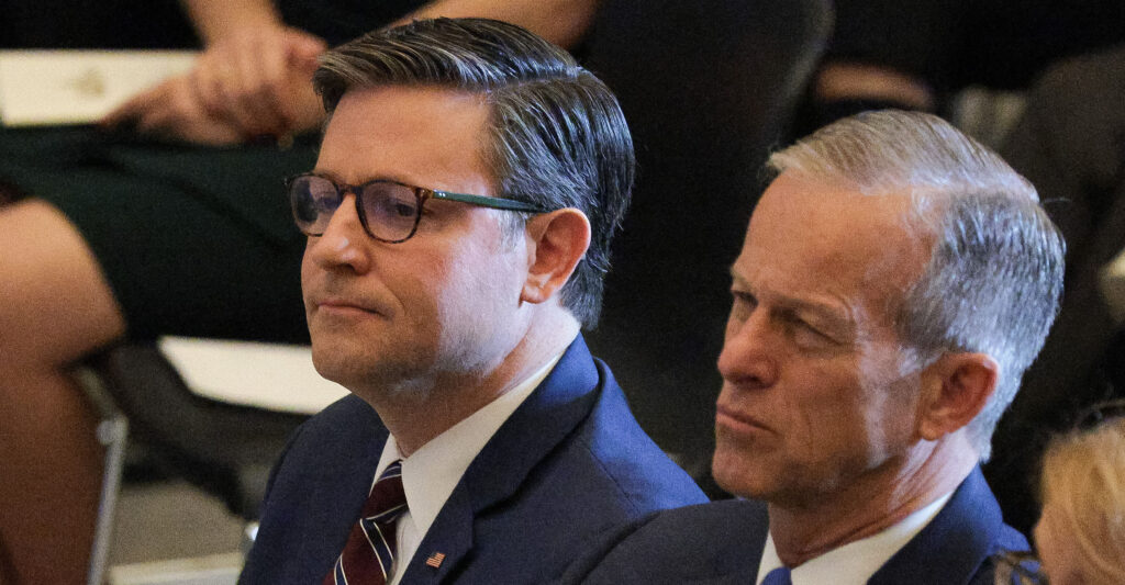 House Speaker Mike Johnson, R-La., (left) and Senate Majority Leader John Thune, R-S.D.