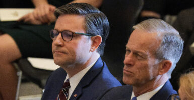 House Speaker Mike Johnson, R-La., (left) and Senate Majority Leader John Thune, R-S.D.