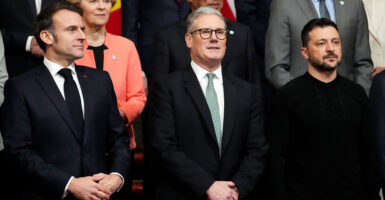 From left, French President Emmanuel Macron, British Prime Minister Keir Starmer, and Ukrainian President Volodymyr Zelenskyy with other European leaders Sunday in London.