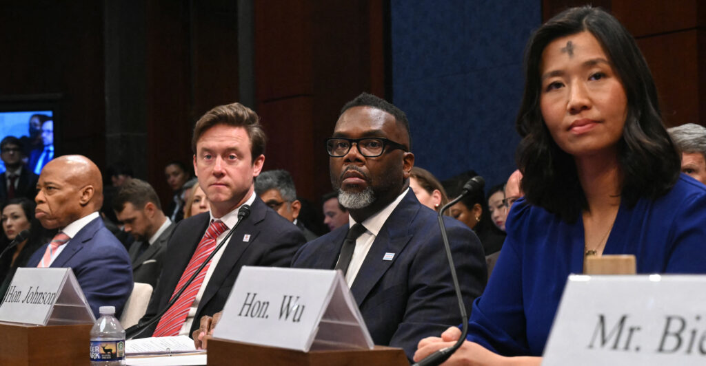 From left, New York City Mayor Eric Adams, Denver Mayor Michael Johnston, Chicago Mayor Brandon Johnson, and Boston Mayor Michelle Wu.