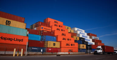 Shipping containers sit at the Port Newark Container Terminal.
