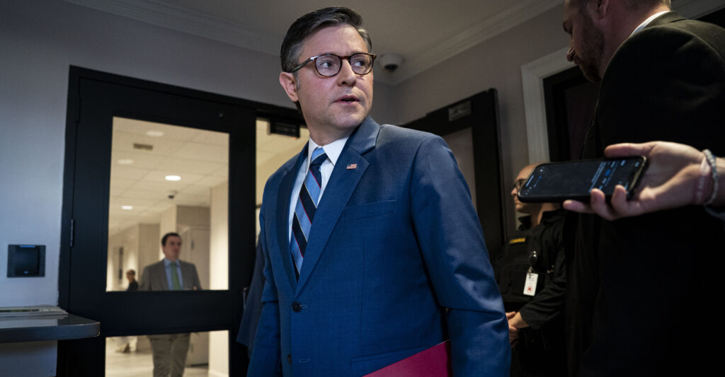 Speaker of the House Mike Johnson, R-La., makes remarks to reporters.