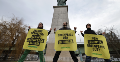 Sign-carrying Greenpeace activists protest in Paris on Feb. 20.