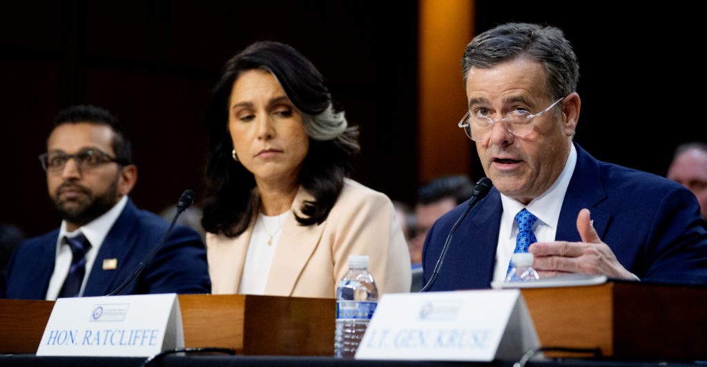 From left, FBI Director Kash Patel, DNI chief Tulsi Gabbard, and CIA Director John Ratcliffe testify before the Senate Intelligence Committee on Tuesday.