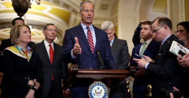 Backed by fellow Senate Republicans, Majority Leader John Thune, R-S.D., speaks to reporters.