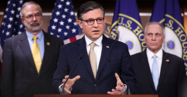 Flanked by Reps. Andy Harris, R-Md. (left), and Steve Scalise, R-La., House Speaker Mike Johnson, R-La., hosts a press conference Tuesday.