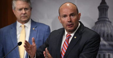 Mike Lee in a black suit with a striped tie