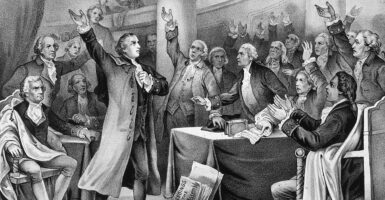 Patrick Henry is captured in a painting of him delivering his famous "Give me liberty or give me death" speech.