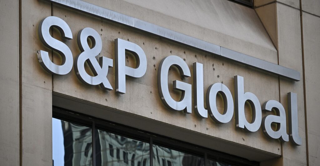 There is a sign outside the S&P Global headquarters building in New York City.
