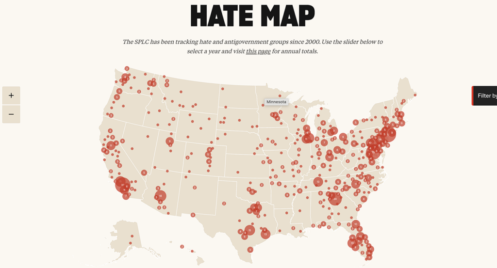 A map of the United States listing groups the Southern Poverty Law Center brands "hate groups."