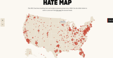 A map of the United States listing groups the Southern Poverty Law Center brands "hate groups."