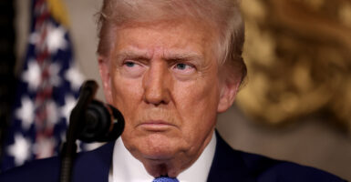 President Donald Trump gazes into the camera in a suit