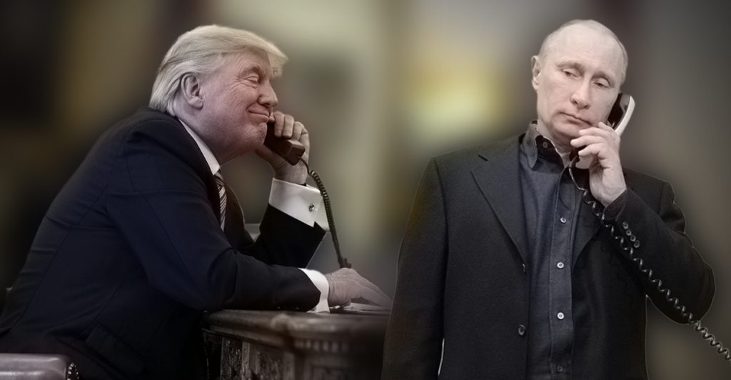 A collage of President Donald Trump and President Vladmir Putin on the phone.