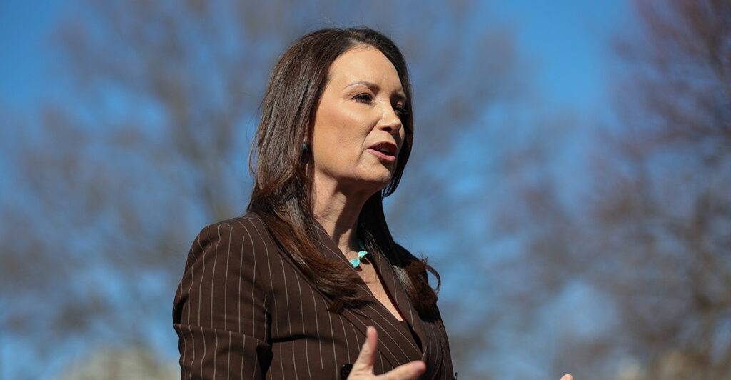Secretary of Agriculture Brooke Rollins speaks to reporters outside of the White House on Feb. 14.