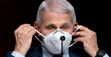 Anthony Fauci in a suit putting on an N95 mask