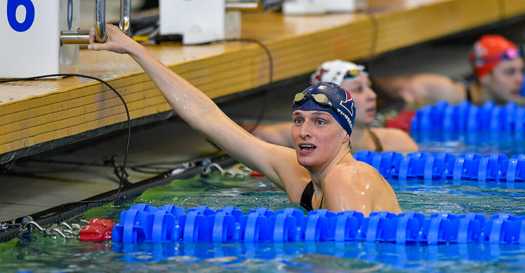 Then-University of Pennsylvania swimmer William "Lia" Thomas reacts after swimming the 100 Freestyle prelims at the NCAA Swimming and Diving Championships on March 19, 2022.