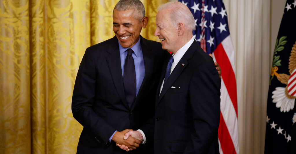Former President Barack Obama and then-President Joe Biden are seen at the White House on April 5, 2022.
