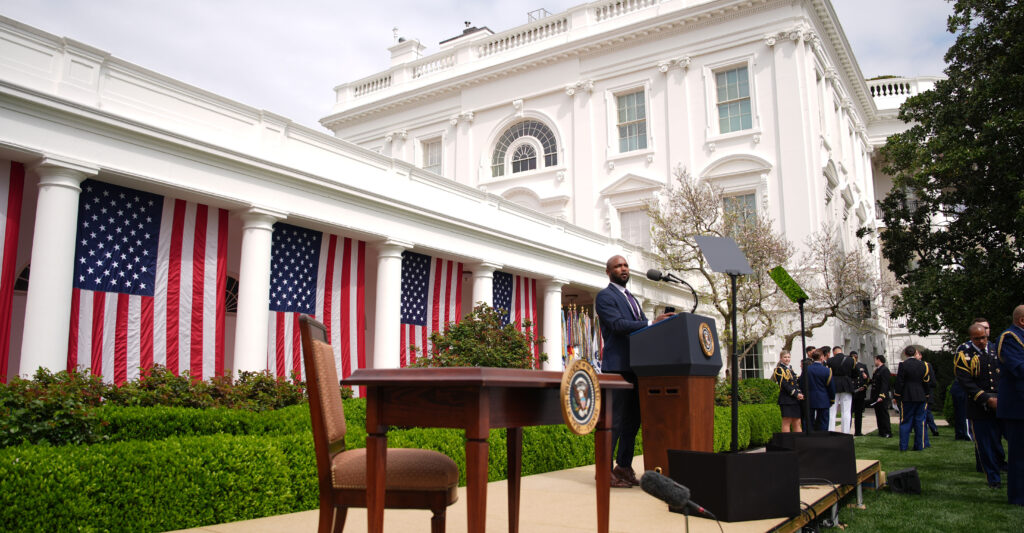 White House staffers prepare for a “Make America Wealthy Again” trade announcement event with President Donald Trump in the Rose Garden at the White House