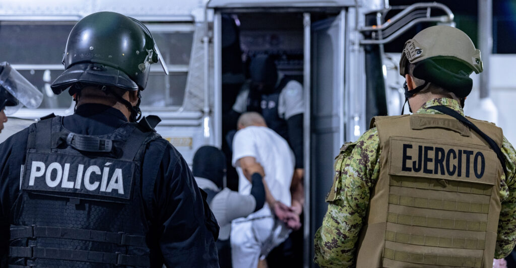 Seventeen members of Venezuela's Tren de Aragua gang and members of the MS-13 gang, who were deported to El Salvador by the U.S., are seen here in San Salvador, El Salvador, on March 31.
