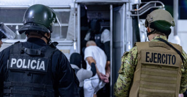 Seventeen members of Venezuela's Tren de Aragua gang and members of the MS-13 gang, who were deported to El Salvador by the U.S., are seen here in San Salvador, El Salvador, on March 31.