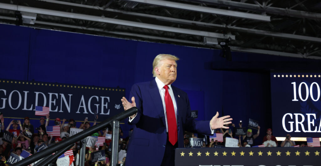 President Donald Trump speaks at a rally at Macomb Community College on Tuesday at Warren, Michigan. Trump held the rally to highlight his accomplishments during his first 100 days of his second term.