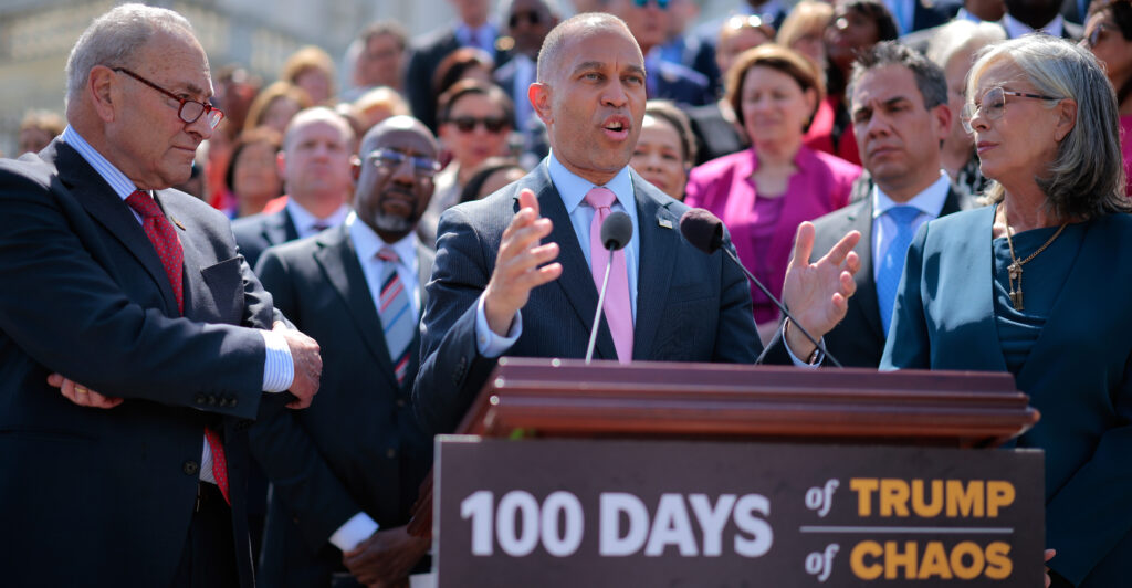 As Senate Minority Leader Chuck Schumer (left) looks on, fellow New York Democrat House Minority Leader Hakeem Jeffries rails against the first 100 days of the Trump administration at a news conference outside the Capitol.