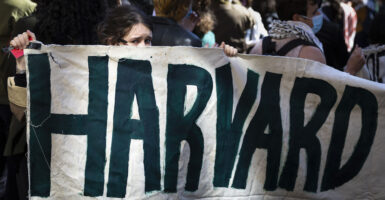 Mostly obscured students hold a green lettered "Harvard" sign.