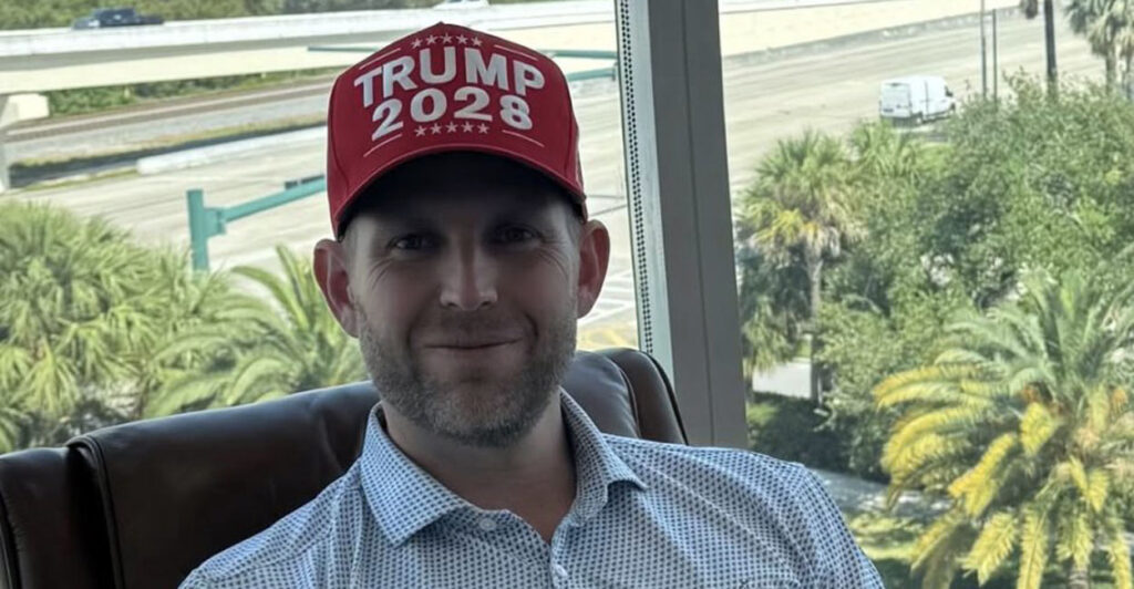 Eric Trump sports a "Trump 2028" hat, which has triggered some on the Left.