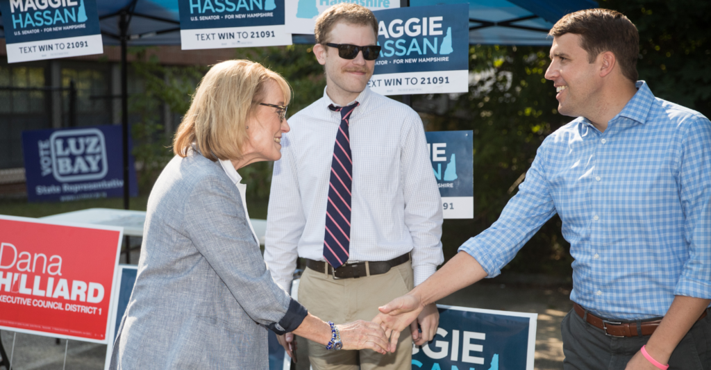 Sen. Maggie Hassan, D-N.H., greets Rep. Chris Pappas, D-N.H., at a campaign event on September 10, 2022, in Dover, New Hampshire.