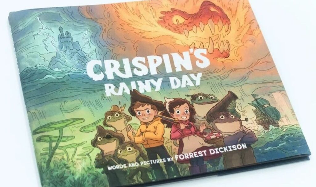 Cover of "Crispin's Rainy Day," showing animated boy Cristin in pirate hat with sister beside him, along with their frog pirate friends.