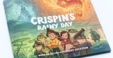 Cover of "Crispin's Rainy Day," showing animated boy Cristin in pirate hat with sister beside him, along with their frog pirate friends.