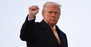 Donald Trump in a black coat raises his fist.