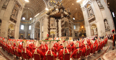 On March 12, 2013, cardinals celebrated Mass in St. Peter's Basilica before entering the conclave that elected Pope Francis.