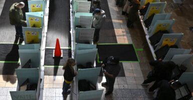 Overhead shot of three rows of booths at a polling center in Henderson, Nev., Election Day, 2024. Roughly half the booths are occupied. An orange cone sits in the middle of one aisle.