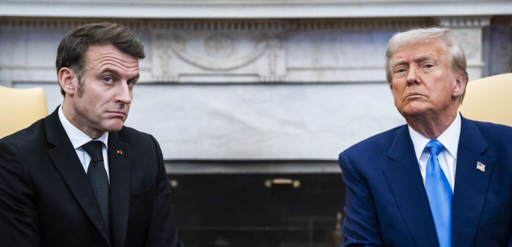 President Donald Trump, on the right, and French President Macron sit on the Oval Office looking forlorn.