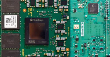 A circuit board featuring technologies from Snapdragon and Qualcomm.