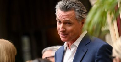 California Gov. Gavin Newsom, in a blue jacket and open-collar white shirt, speaks, eyebrows raised.