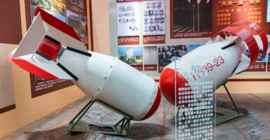 A museum display of two models of China's first hydrogen bomb at a Popularization event held on March 29, 2025.