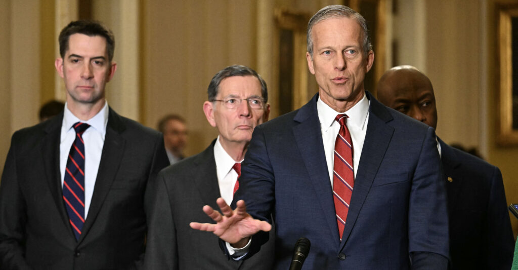 From left: Sen. Tom Cotton, R-Ark.; Senate Majority Whip John Barrasso, R-Wyo.; Senate Majority Leader John Thune, R-S.D.; and Sen. Tim Scott, R-S.C.