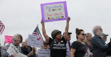 Black woman holds up a sign reading "They're eating the checks, they're eating the balances" amid crowd of other protesters anti-Trump "Hands Off" rally in Washington, DC."