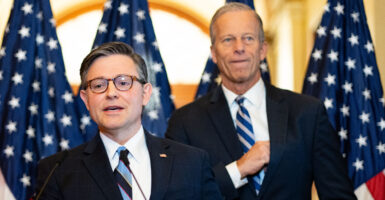 Speaker of the House Mike Johnson, R-La., (left) and Senate Majority Leader John Thune, R-S.D.