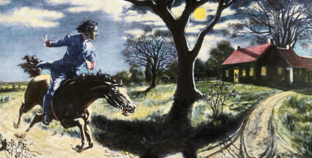 A painting of Paul Revere's Midnight Ride. Revere and his horse speeding on a dirt road that curves around a large tree, heading toward a house in the distance.
