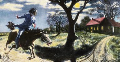 A painting of Paul Revere's Midnight Ride. Revere and his horse speeding on a dirt road that curves around a large tree, heading toward a house in the distance.