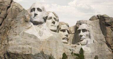 Mount Rushmore on a partly cloudy day
