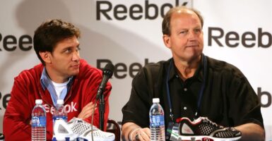 Don Hasselbeck speaks at a Reebok event in 2009 with Mike Greenberg looking on.