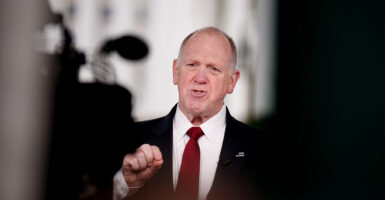 Border czar Tom Homan speaks on Fox News from the North Lawn of the White House on Feb. 6.