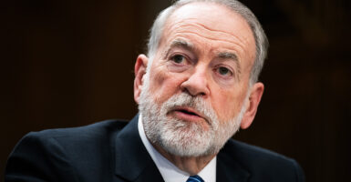 Then-U.S. Ambassador-designate to Israel Mike Huckabee testifies during his Senate Foreign Relations Committee confirmation hearing in Washington on March 25.
