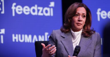 Kamala Harris sits in a chair with a microphone in her left hand and raises her right hand.