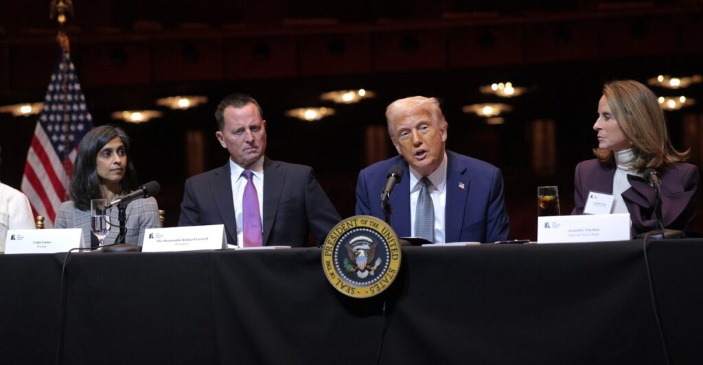 Donald Trump sits at a table and talks into a microphone during a meeting.